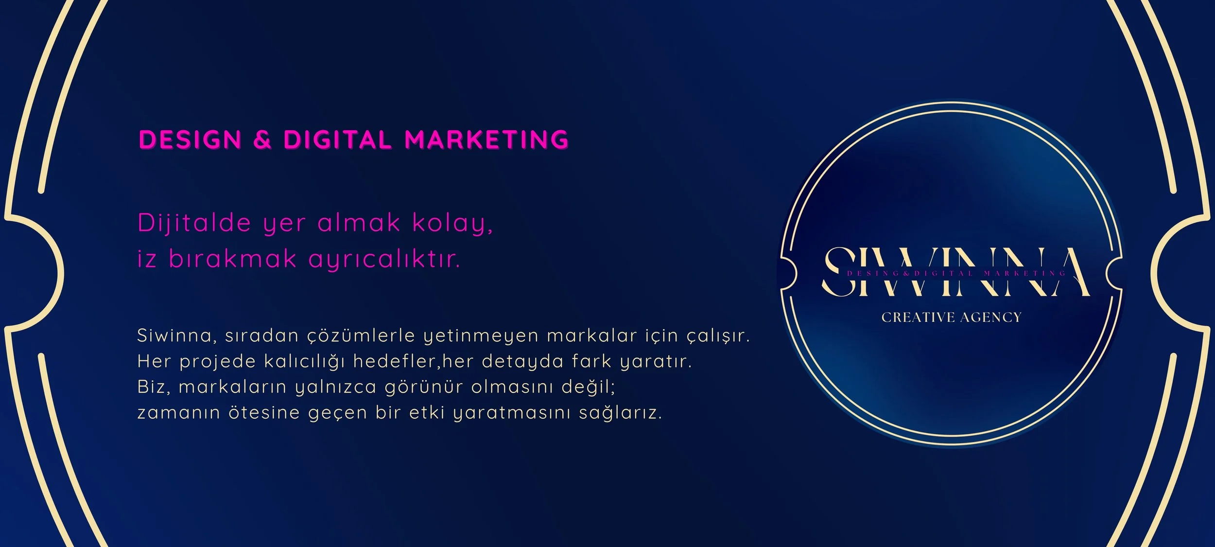 Dijital ve tasarım pazarlama hizmetlerini tanıtan mavi arka plan üzerinde altın çizgili çerçeve ve merkeze yerleştirilmiş Siyavna markası logosu, bazı metinler ve açıklamalar yer alıyor.