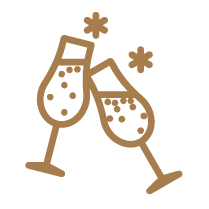 Two champagne glasses clinking, with small decorative stars around them. - Double O London