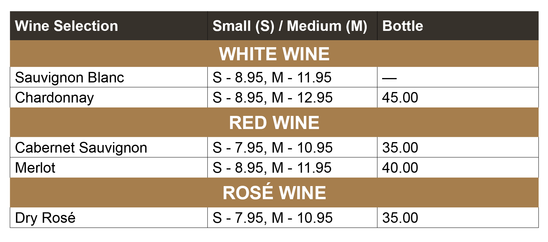 A classification chart of wine options, including white wine, red wine, and rosé wine, categorized by bottle size, small or medium, with a color theme of brown and black. - Double O London