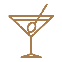Line drawing of a martini glass with an olive on a toothpick inside it.  - Double O London