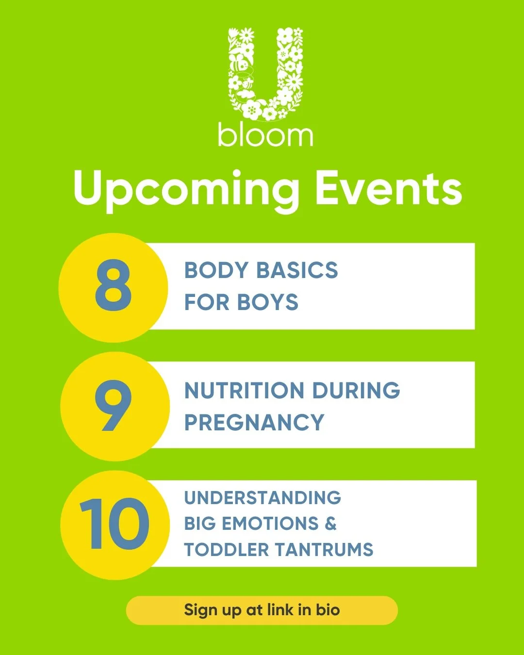 ✨ December at Bloom U is packed with can&rsquo;t-miss events!

Join us for expert-led workshops&mdash;from Body Basics for Boys and Nutrition During Pregnancy to Understanding Big Emotions &amp; Toddler Tantrums,Babywearing 101, Friends &amp; Family 