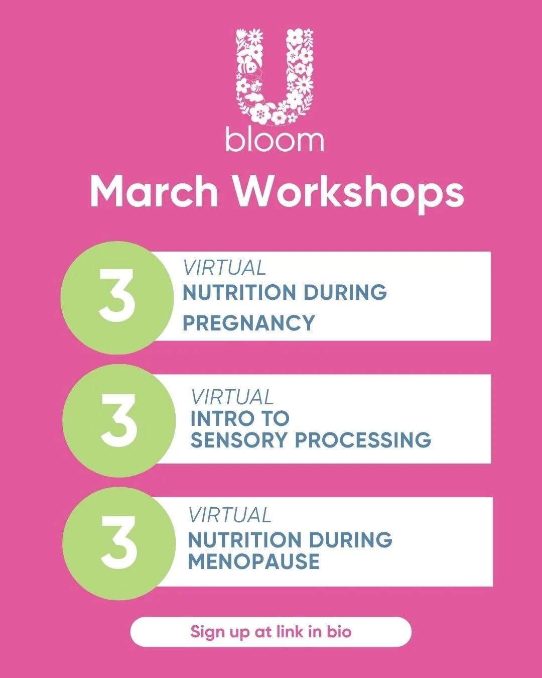 🌸 Spring is almost here, and so is a fresh season of learning, growing &amp; connecting at Bloom U! 🌸
&nbsp;
March is PACKED with workshops and classes designed for every stage of your parenting journey &mdash; because whether you&rsquo;re expectin