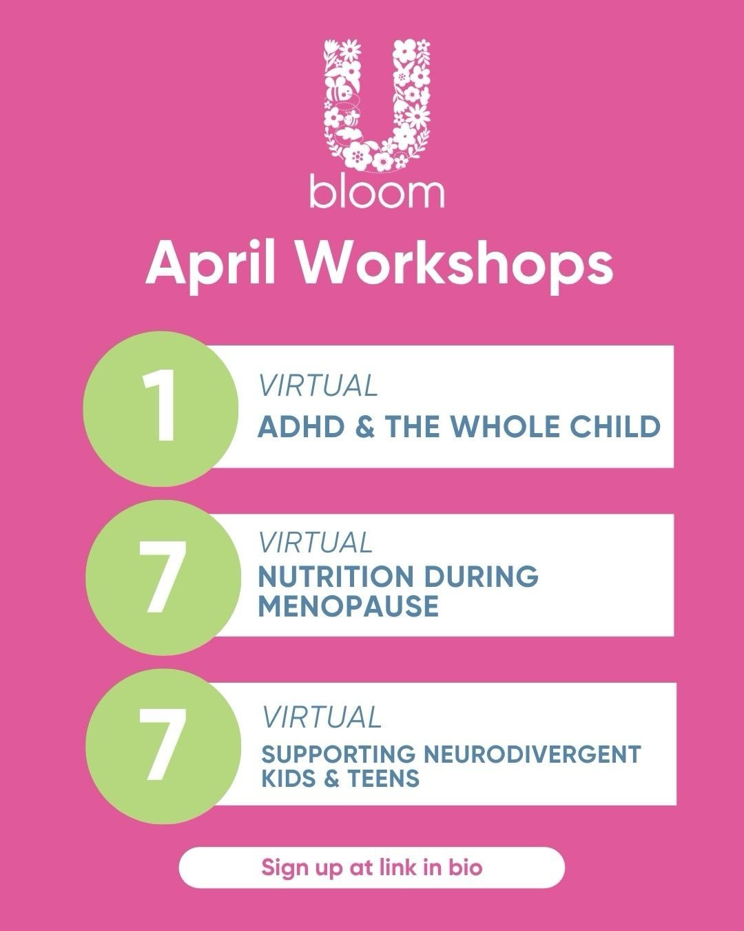 🌸✨ APRIL IS BLOOMING WITH CLASSES! ✨🌸
Spring is here and so is our jam-packed April lineup at Bloom U! 🌷
Whether you&rsquo;re a mama-to-be, a new parent, or a caregiver, we&rsquo;ve got something just for YOU!&nbsp;
&nbsp;
📋 JUST A FEW OF THIS MO