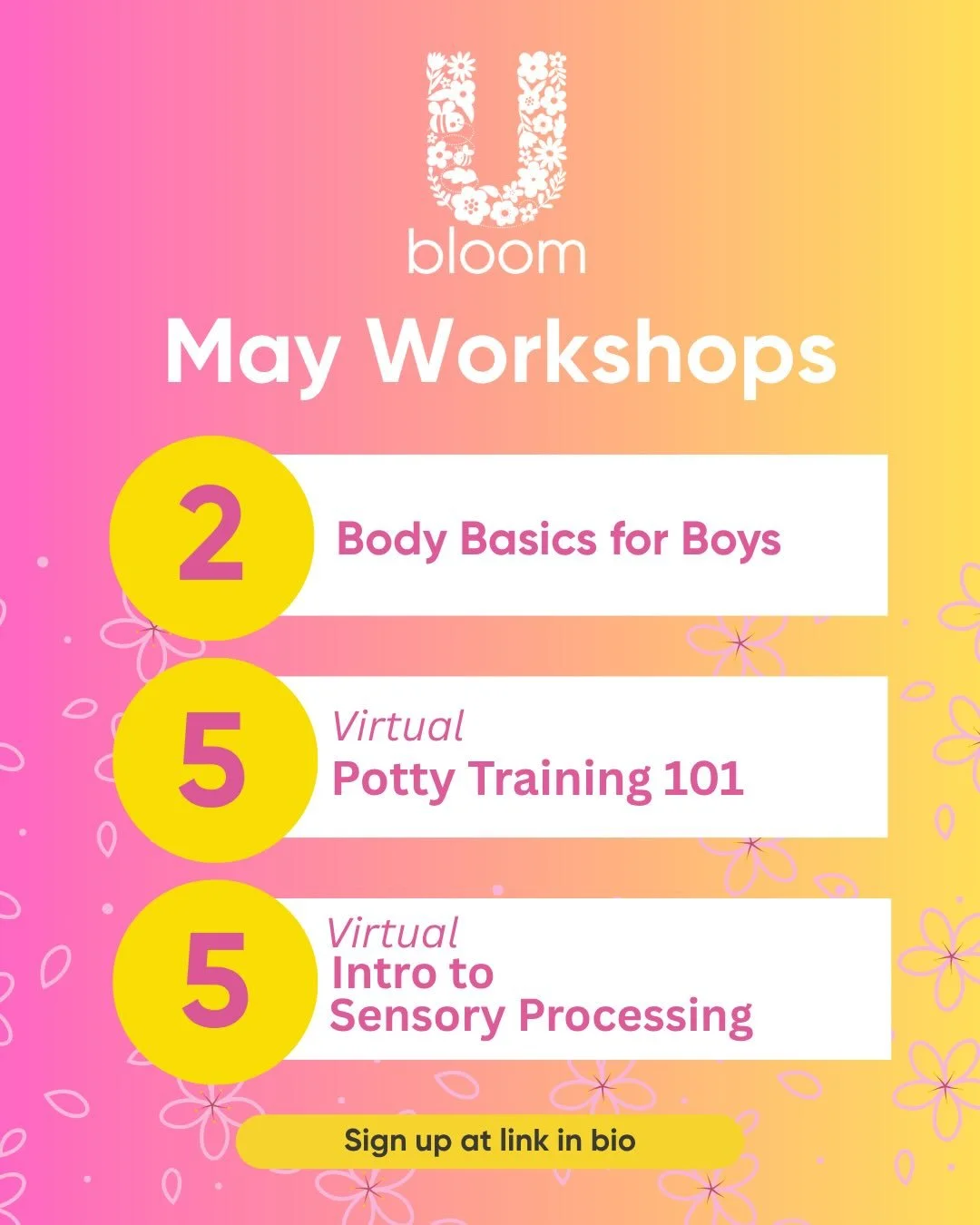 April showers bring May workshops at Bloom U 🌸
&nbsp;
As days grow longer and everything begins anew, it&rsquo;s the perfect time to invest in yourself and your family.&nbsp;
&nbsp;
Our May workshops are designed to support you through every season 