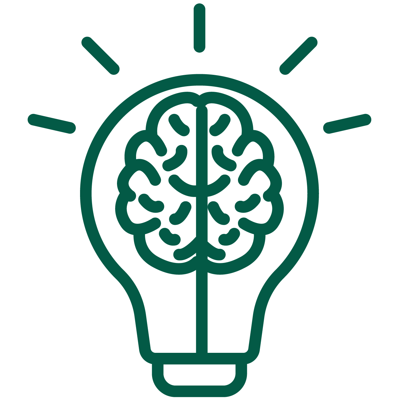 Light bulb with a brain inside and rays emanating from it