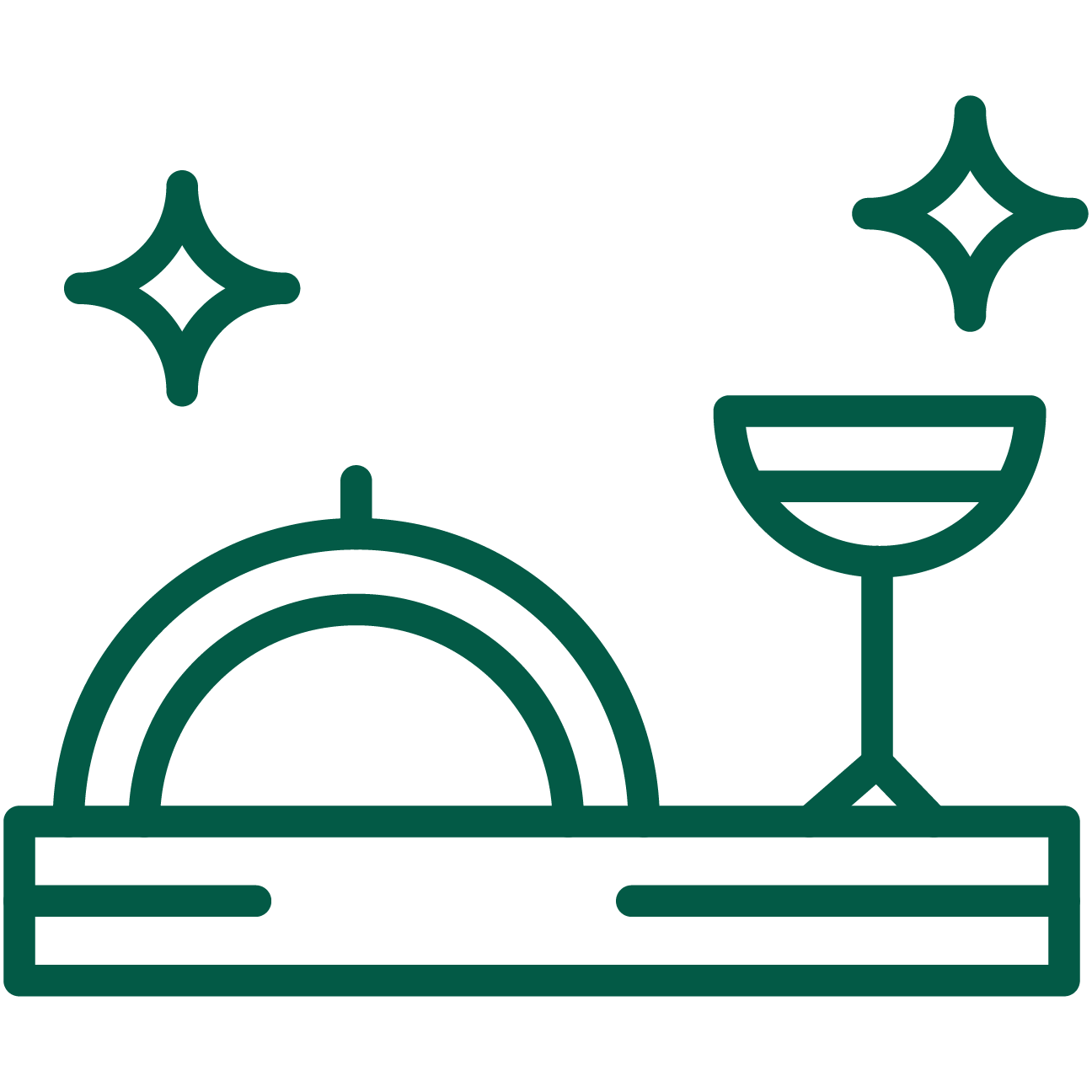 Line drawing of a tabletop setting with a plate, a drink glass, and decorative stars.