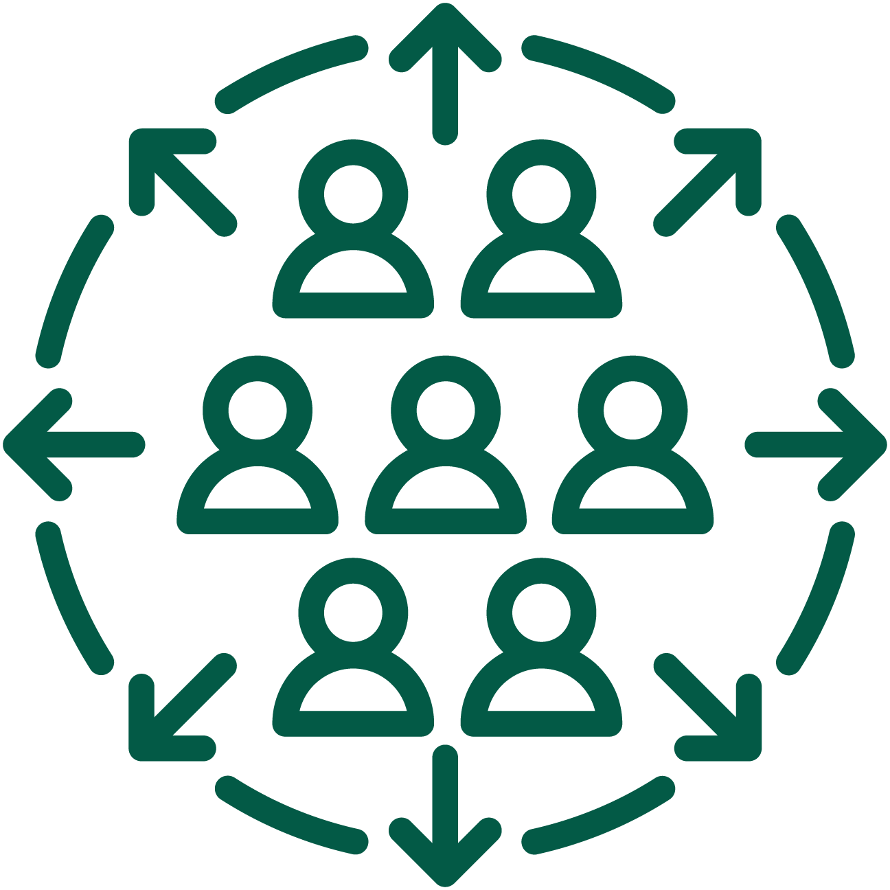 Icon representing online community or social network with eight people connected by arrows in a circular pattern.