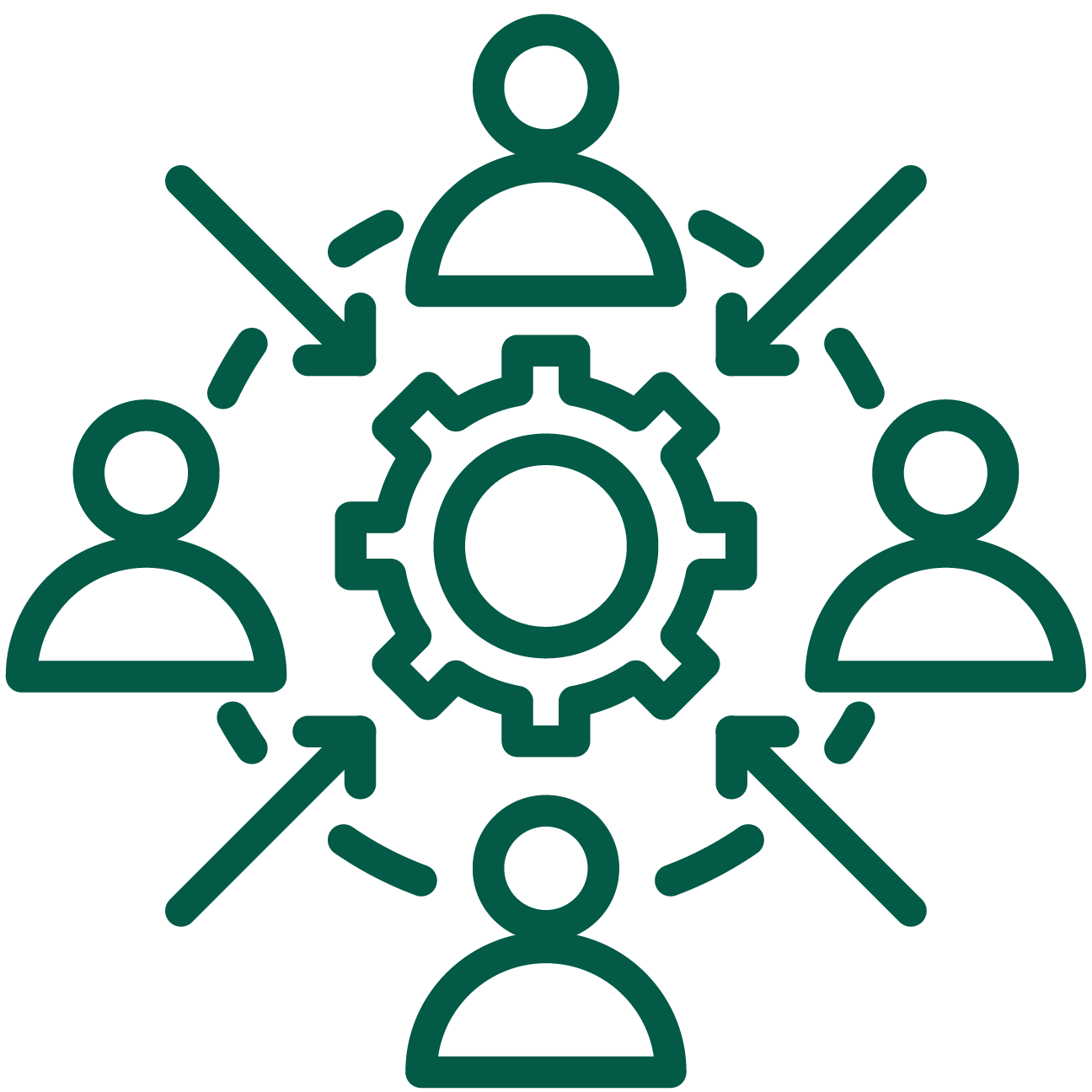 Icon of five people connected around a gear with arrows indicating collaboration or teamwork.