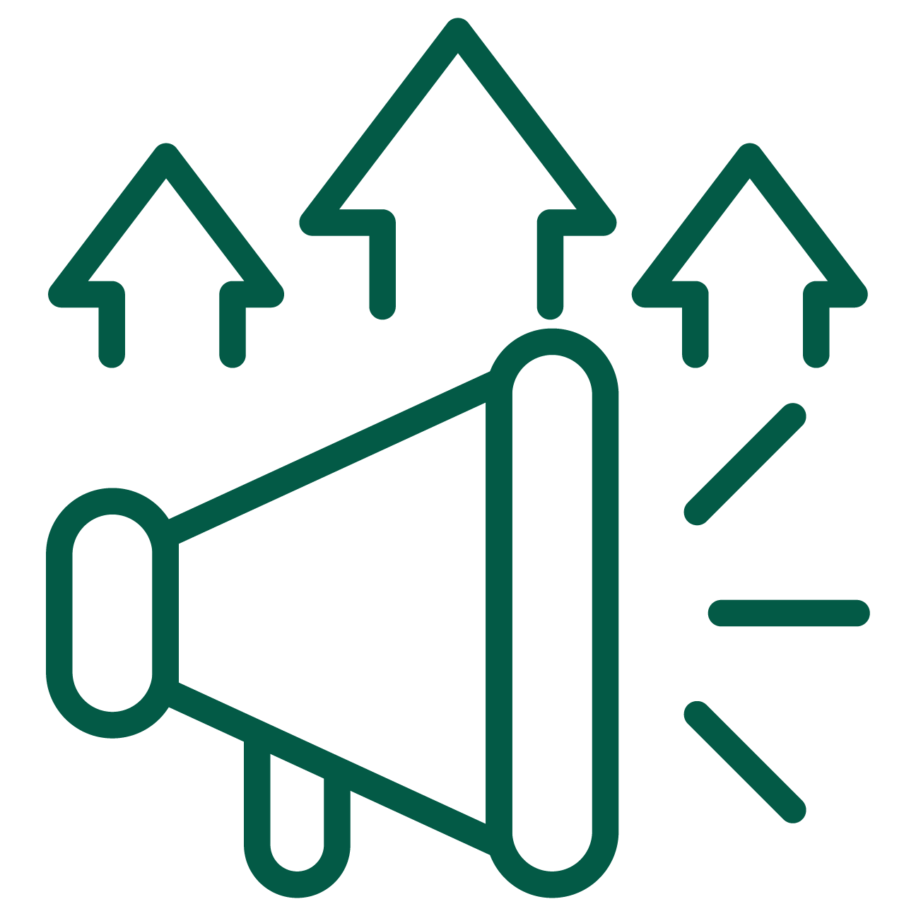 Icon of a black loudspeaker with sound waves and upward arrows indicating increasing volume or impact.