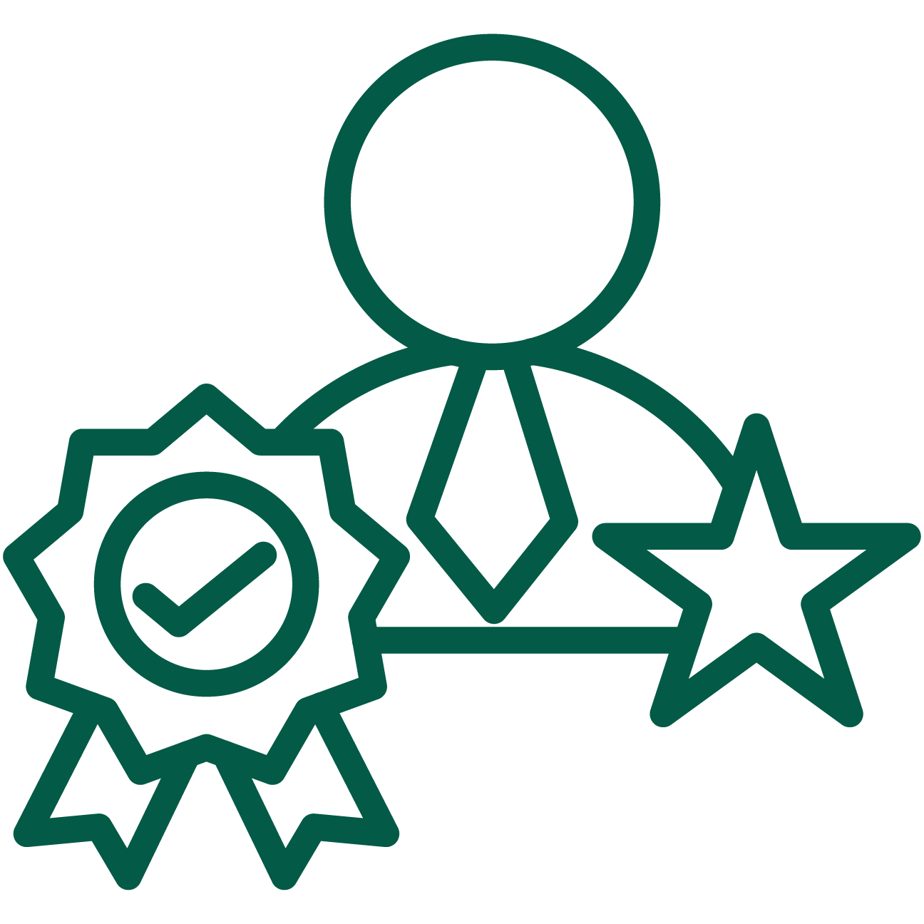 Outline illustration of a person wearing a tie, with a checkmark badge and a star badge, representing achievement or recognition.