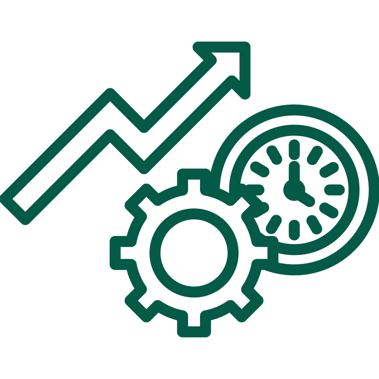 Icon representing growth and productivity, featuring an upward trending arrow, gears, and a clock.