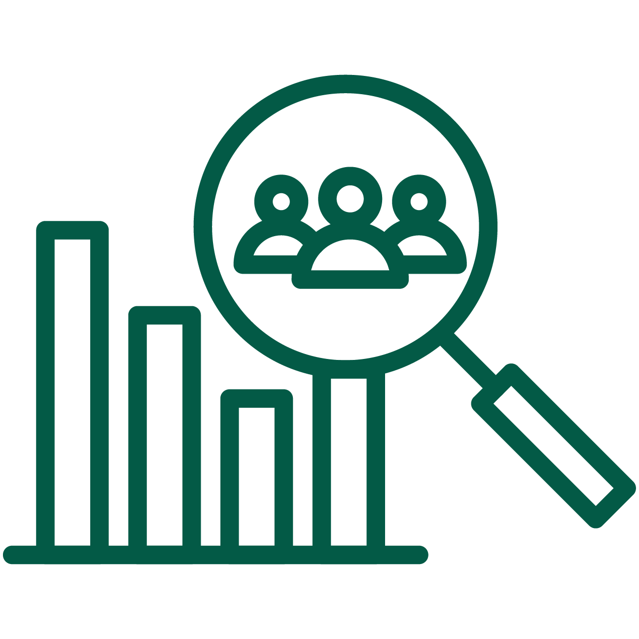 Line graph with a magnifying glass focusing on a group of people