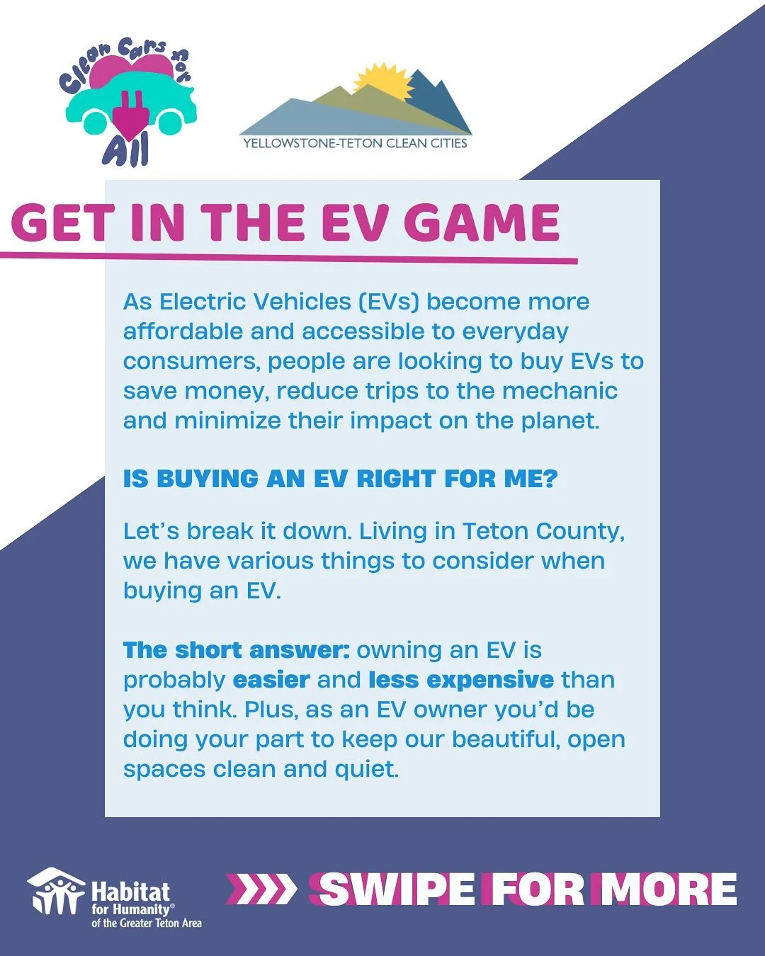 YTCC&rsquo;s Clean Cars Far All initiative seeks to distribute and promote electric vehicle (EV) information so that ANYONE who is interested in EVs has the OPPORTUNITY to explore more. With marketing campaigns, informational webinars and one-on-one 