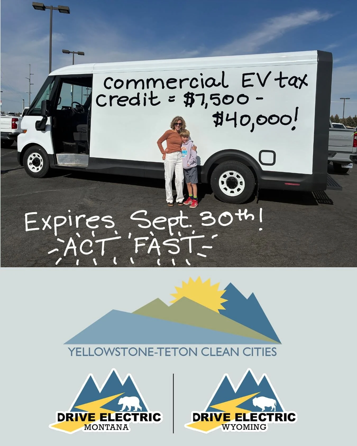 All EV tax credits end tomorrow! Don’t miss out! Executive Director, @aliciamariecox and her son Owen are standing in front of an all electric cargo van, GM’s BrightDrop. Reach out to Taylor Chevrolet in Rexburg, Idaho to secure this vehi