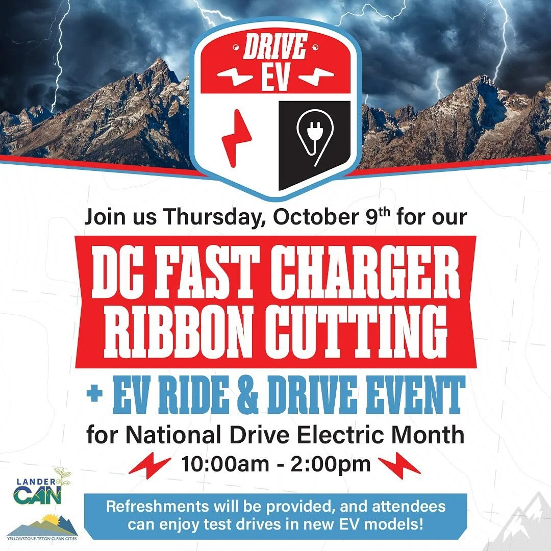 Electric vehicle charging infrastructure is expanding in Wyoming. Help us celebrate! Join us this Thursday at Fremont Motors in Lander, WY for a ribbon cutting celebrating their new DC fast charging station and to try out a F-150 Lightning or Mustang