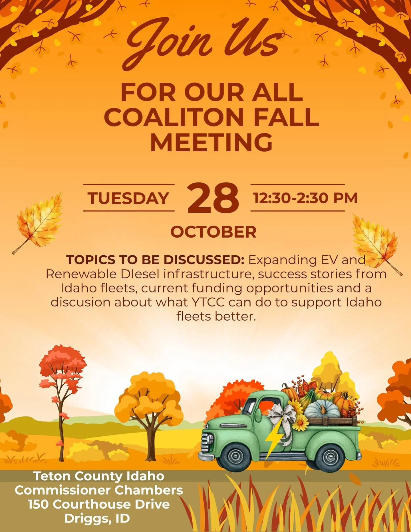 Please join YTCC for our fall stakeholder meeting in Driggs, Idaho on October 28th.
12:30-2:30 PM
Driggs, Idaho
Commissioner Chambers
Calling all alternative fuel and transportation enthusiasts. We’ll be discussing all things alternative tran