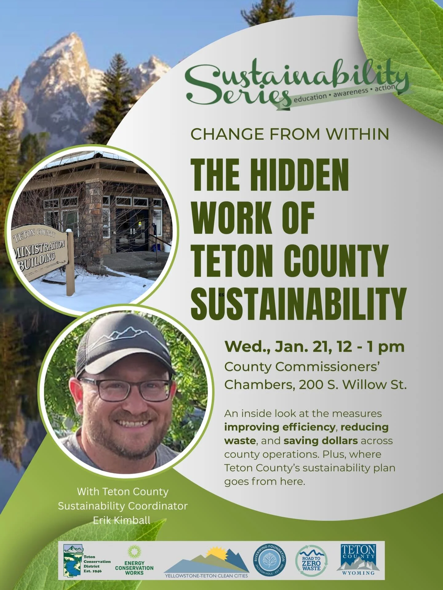 📣 Join us for the first Sustainability Series of the year! Featuring Teton County Sustainability Coordinator Erik Kimball, this public educational event will offer an inside look at the measures improving efficiency, reducing waste, and saving dolla