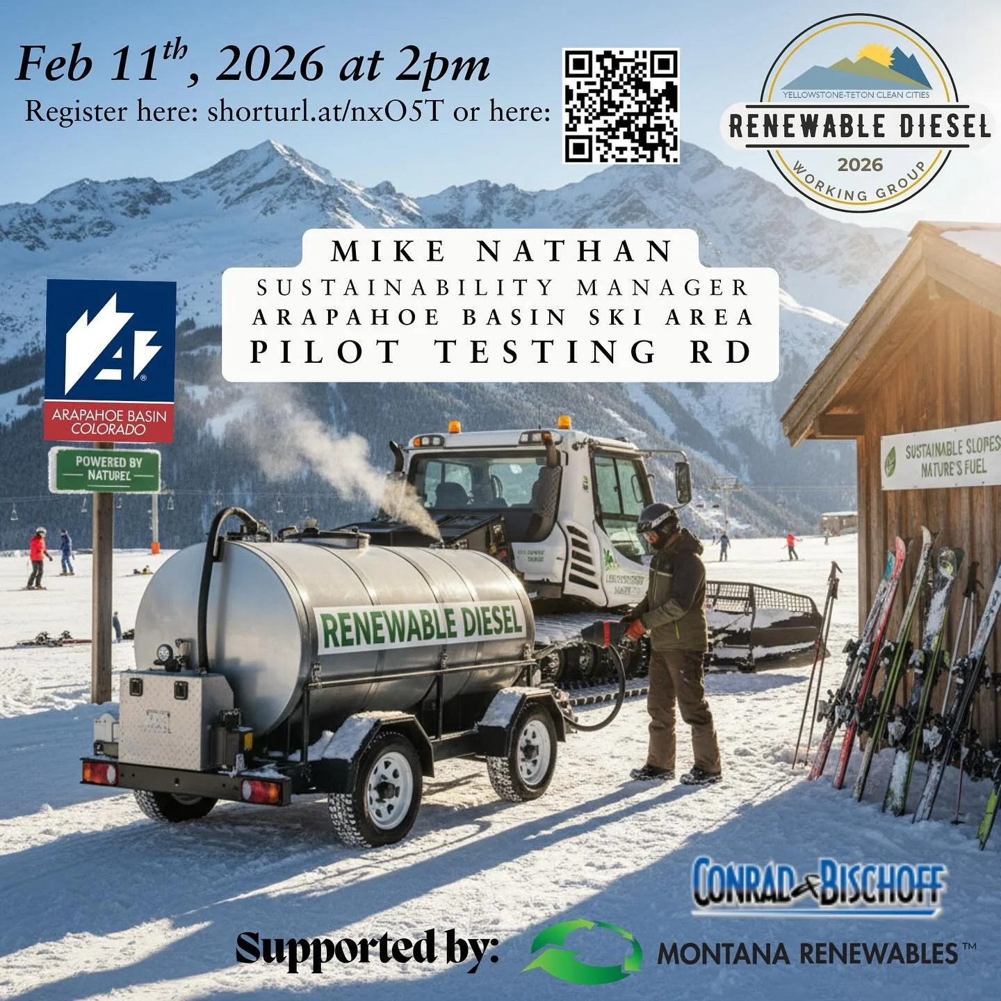 Join us for tomorrow&rsquo;s Renewable Diesel Working group and is supported by Montana Renewables and Conrad and Bischoff.

We will hear from Mike Nathan of Arapahoe Basin Ski Area about their initial pilot test using Renewable Diesel. We will also 