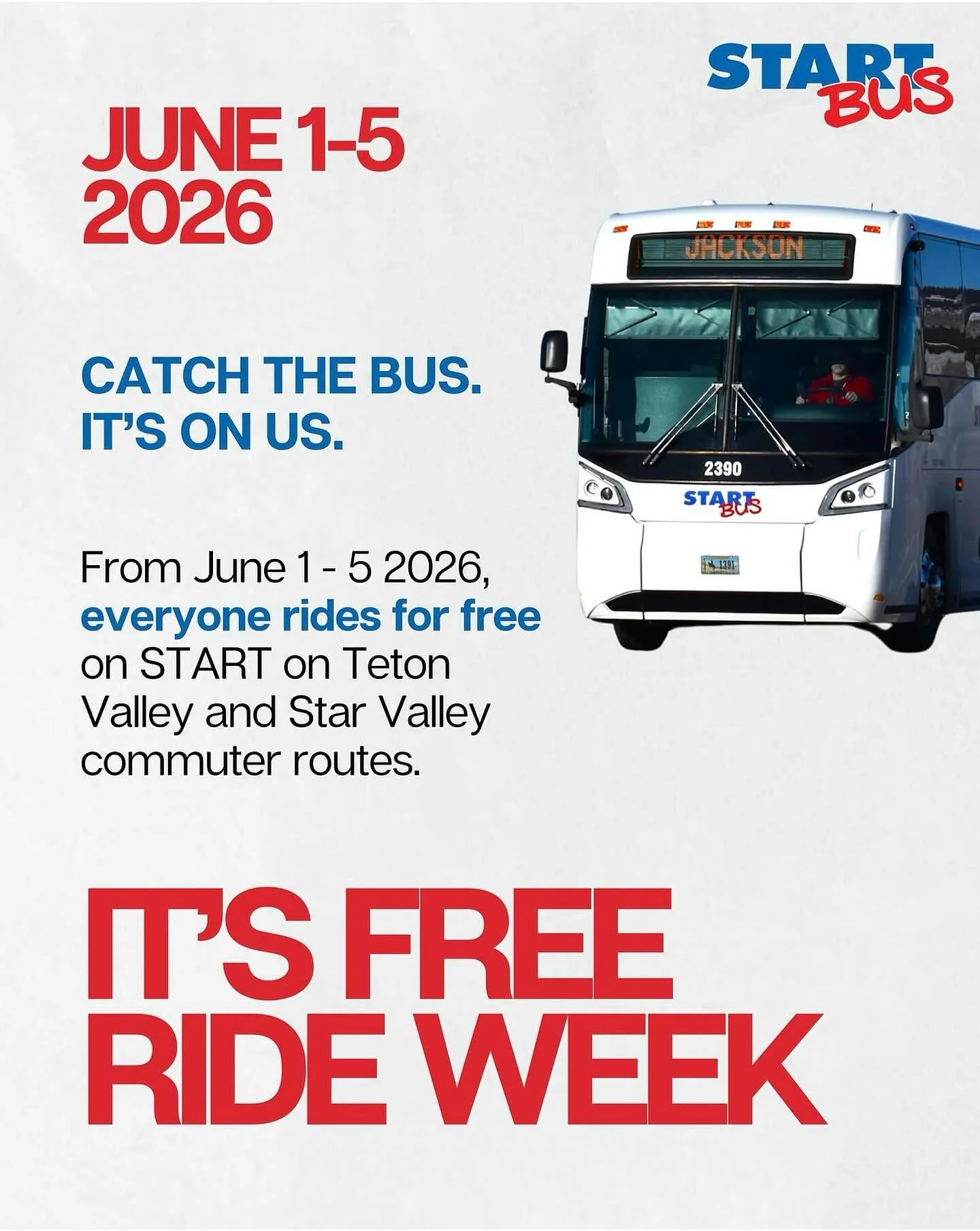 🚌FREE RIDE WEEK! 🚌Teton Valley and Star Valley routes are still in full swing. It&rsquo;s a great opportunity to try communicating with START. Visit startbus.com or download the transit app to view routes &amp; schedules.