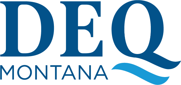 Logo with large letters 'DEQ' and the words 'Montana' beneath it, featuring a blue wavy line.