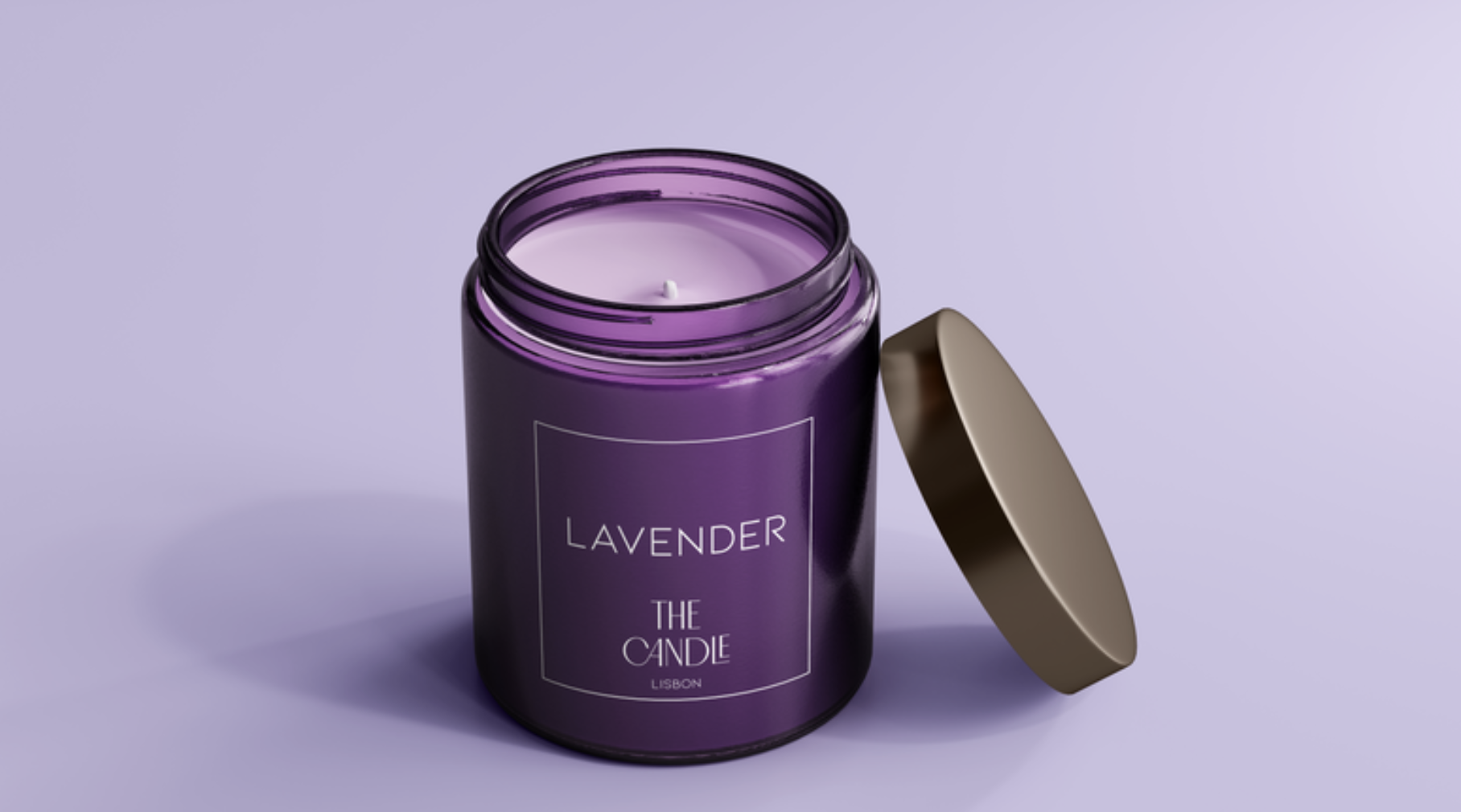 Lavender scented candle in a purple jar with a brown lid, the jar is open showing the wax and wick inside, against a light purple background.