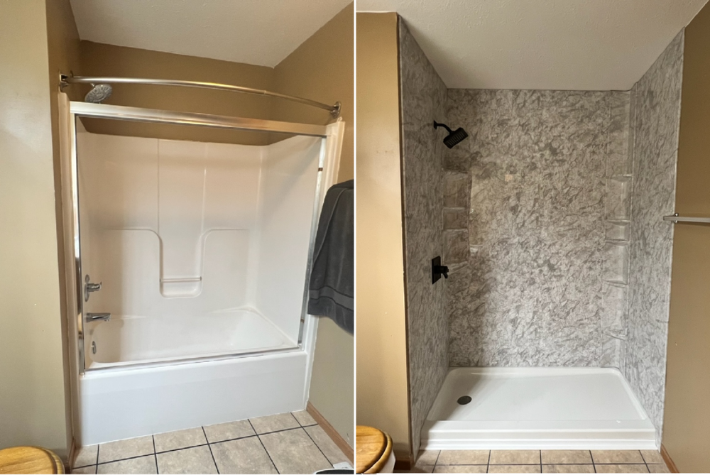 Before and after: old tub replaced with a new shower