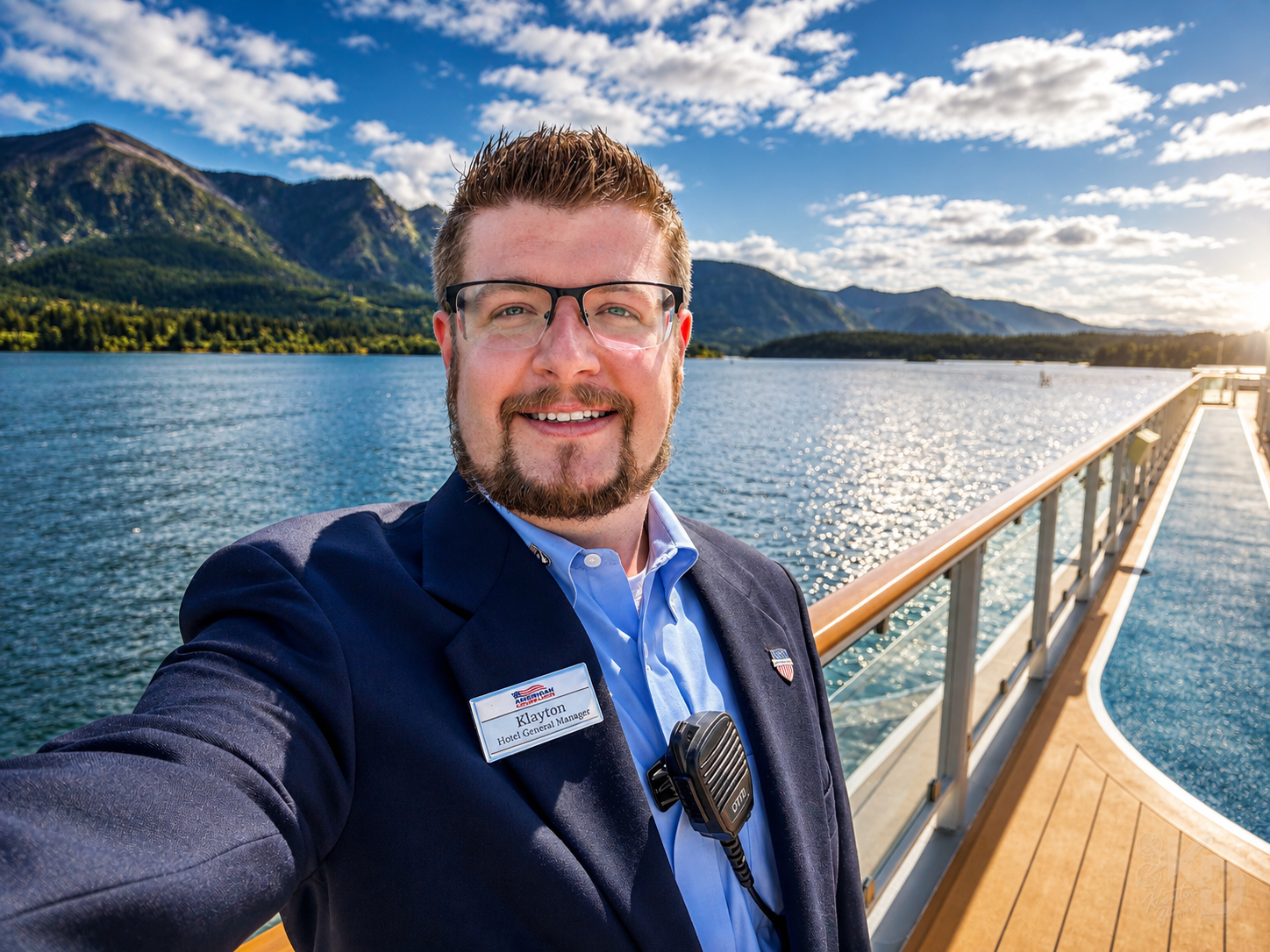 A man in a suit with a name badge and radio microphone, taking a selfie on the deck of a boat with a mountain lake and cloudy sky in the background.