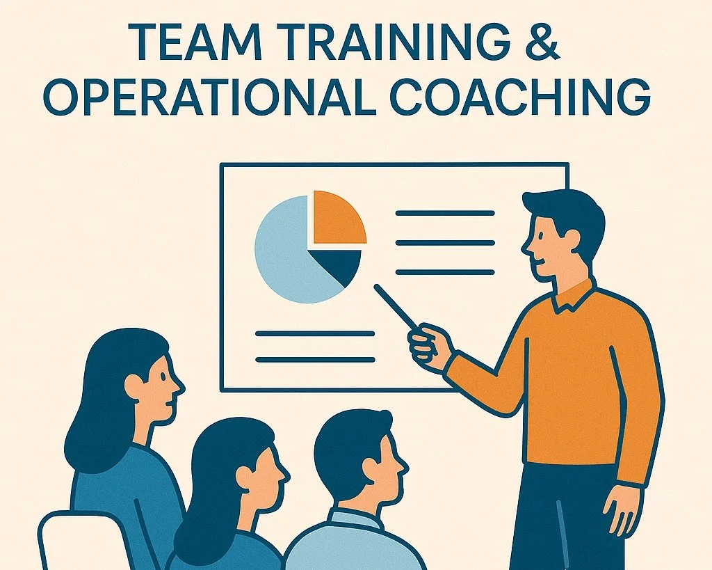 Illustration of a team training and operational coaching session with a man presenting to three seated team members, using a chart with a pie graph and lines on a large screen.