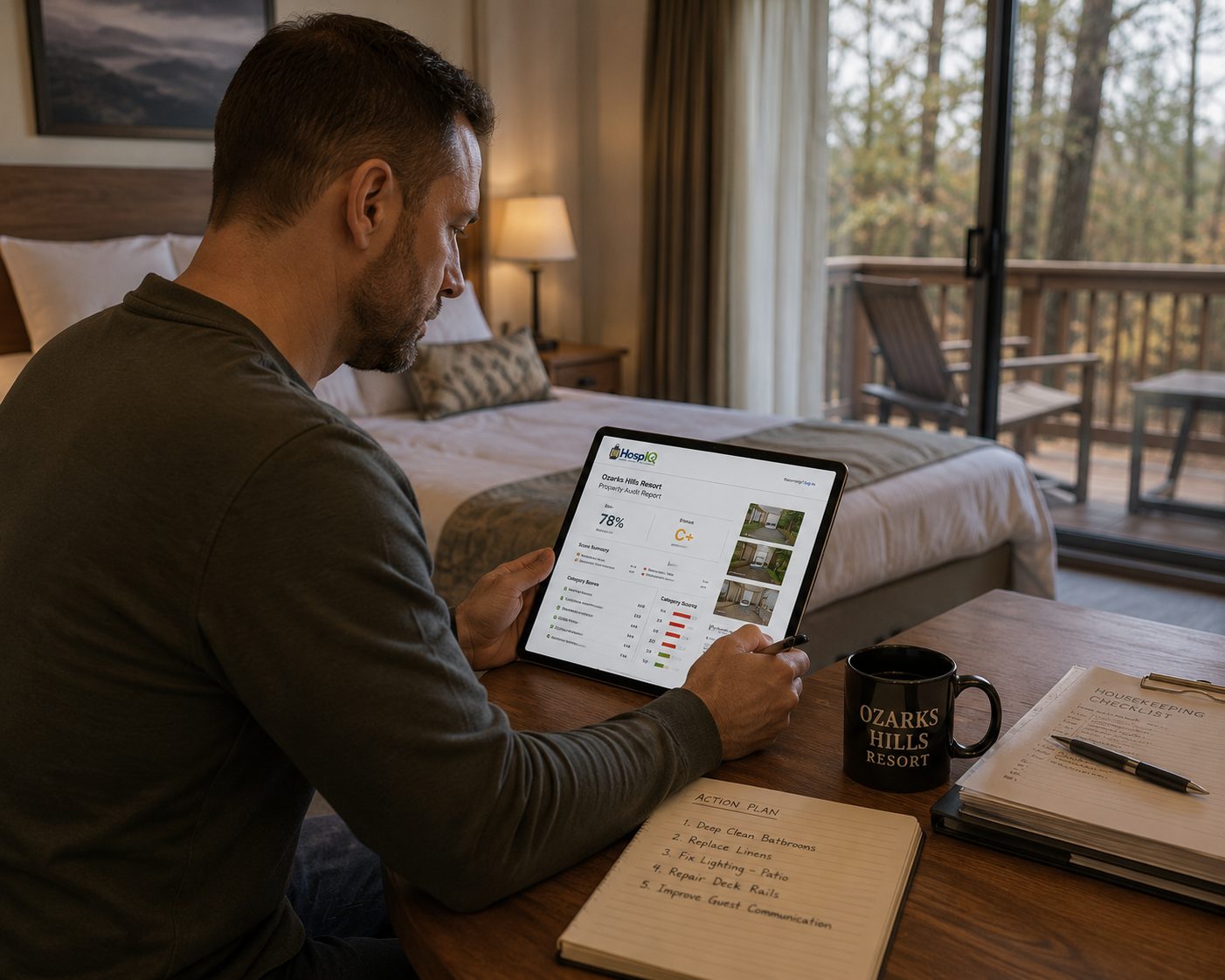 Man holding a tablet displaying property appraisal report at Ozarks Hills Resort hotel room