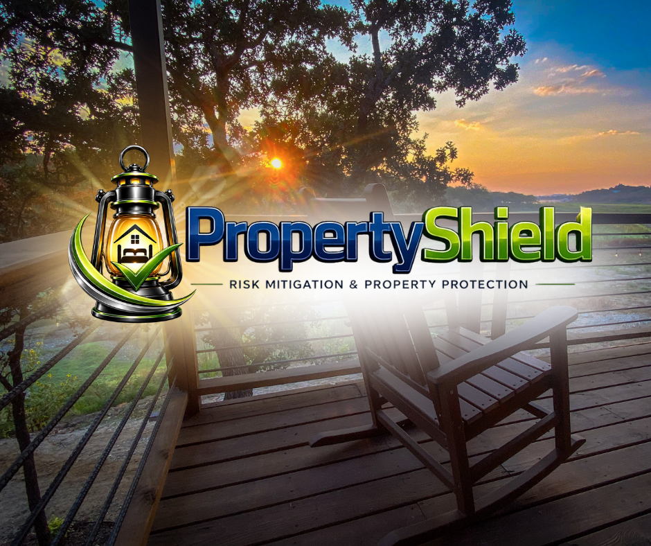 Sunset view over a balcony with a wooden rocking chair, trees and a field in the background, and a logo for PropertyShield with a lantern, house graphic, and green checkmark, along with the text "PropertyShield" and the slogan "Risk Mitigation & Property Protection."