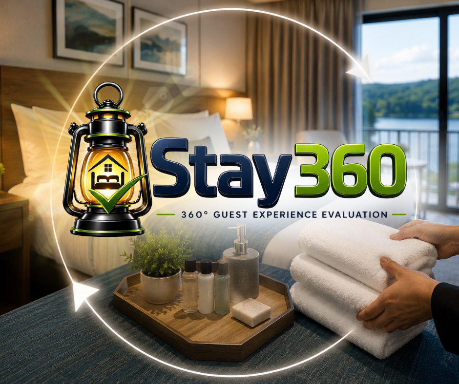 Logo for Stay360 with a lantern and a check mark, overlaid on a hotel room with a bed, nightstand, and view outside a window.