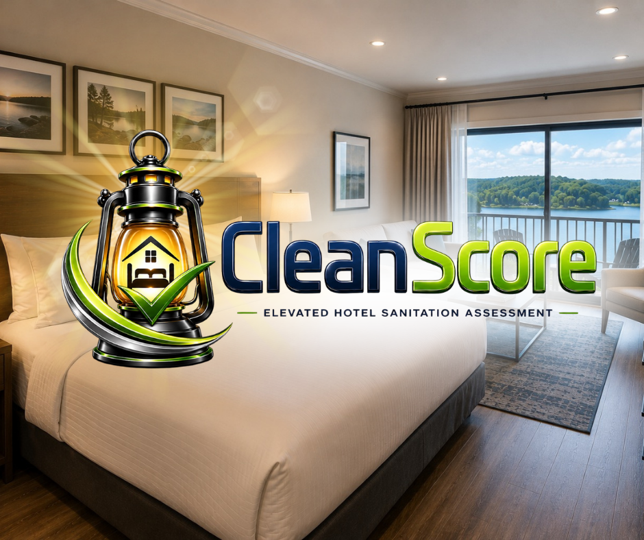 Logo for CleanScore, an elevated hotel sanitation assessment, overlaid on a hotel room with a large bed, artwork, and a view of a lake through a sliding glass door.