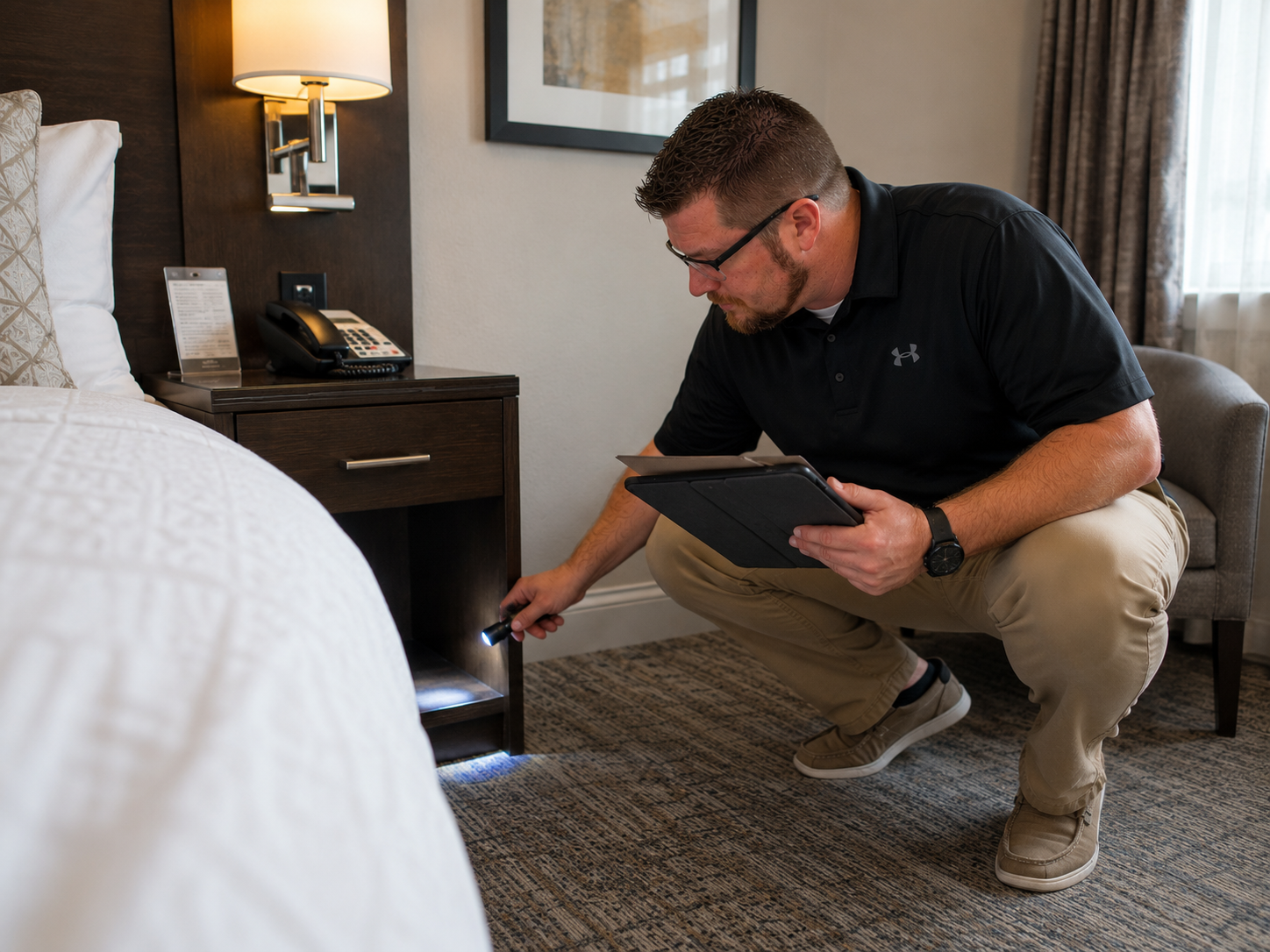 Man crouching by a hotel bed using a flashlight to look at the bottom of the nightstand, holding a tablet in his other hand.
