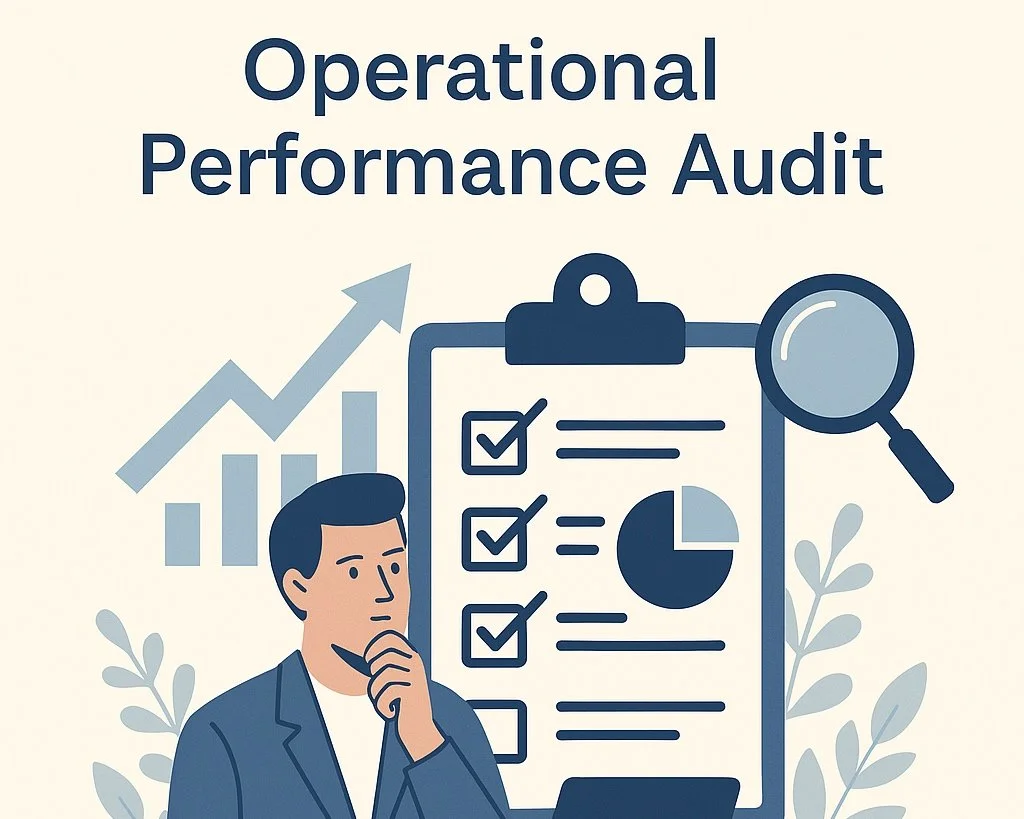 Illustration of a man in a suit thinking while reviewing an operational performance audit checklist with charts and a magnifying glass, with upward trending graph in the background.