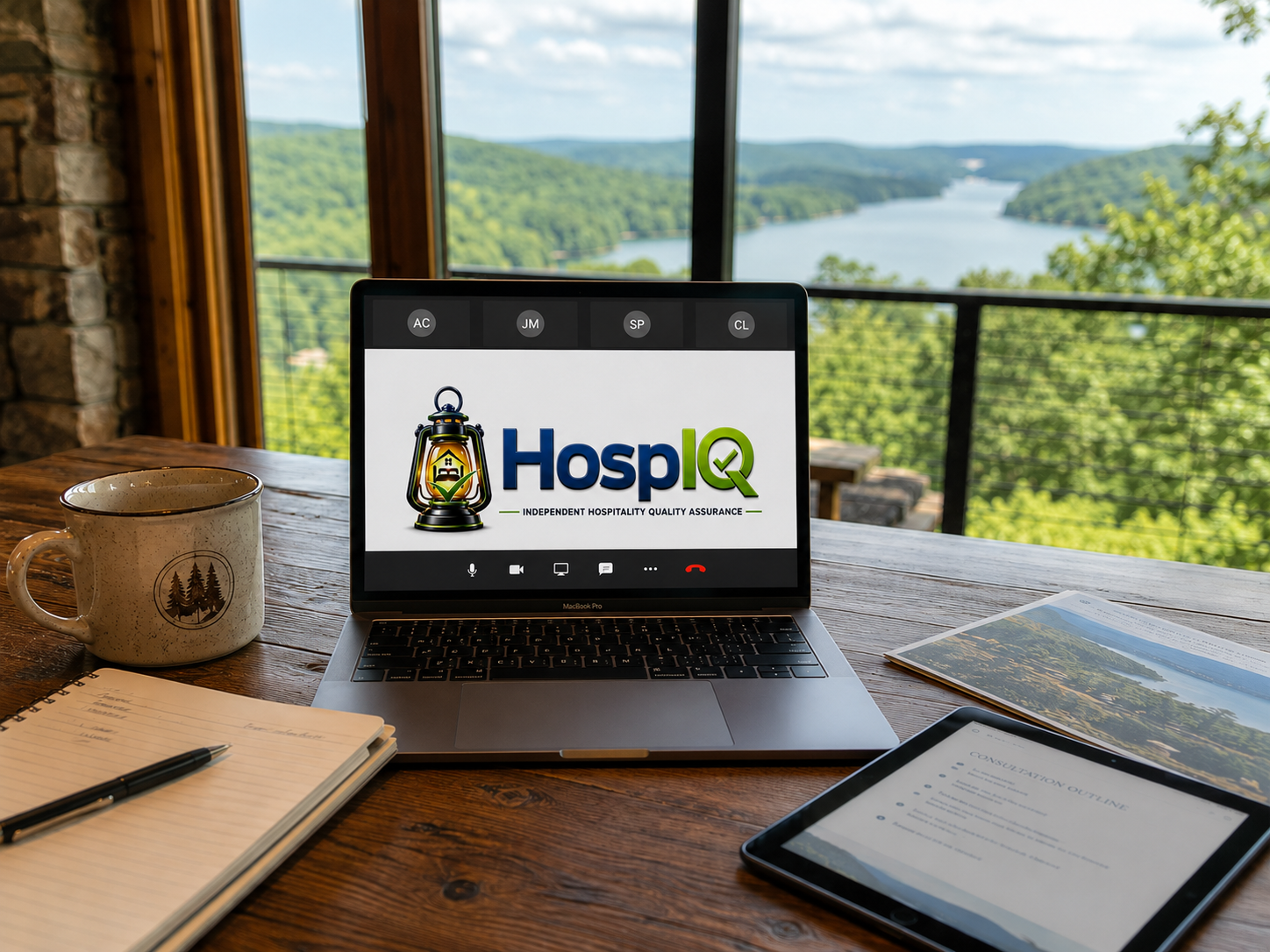 A laptop on a wooden table showing the HospIQ logo, with a coffee mug, notebook, pen, tablet, and a magazine nearby, overlooking a scenic view of a river and green hills through large windows.