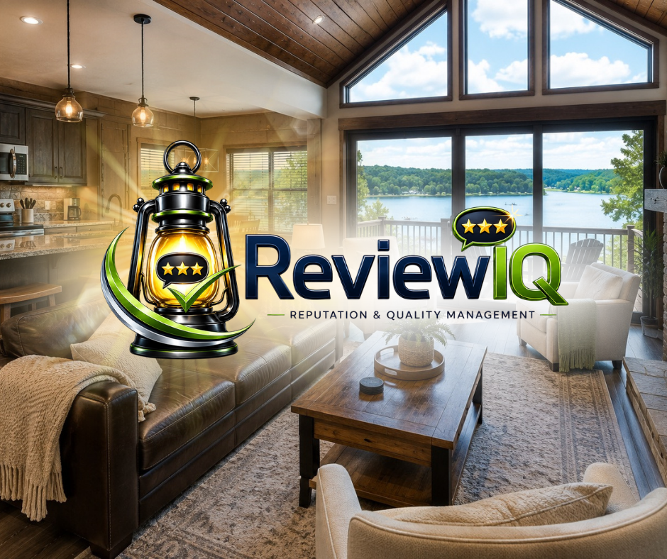 Living room with large windows overlooking a lake, furnished with a leather sofa, armchair, wooden coffee table, and a view of trees and water outside.