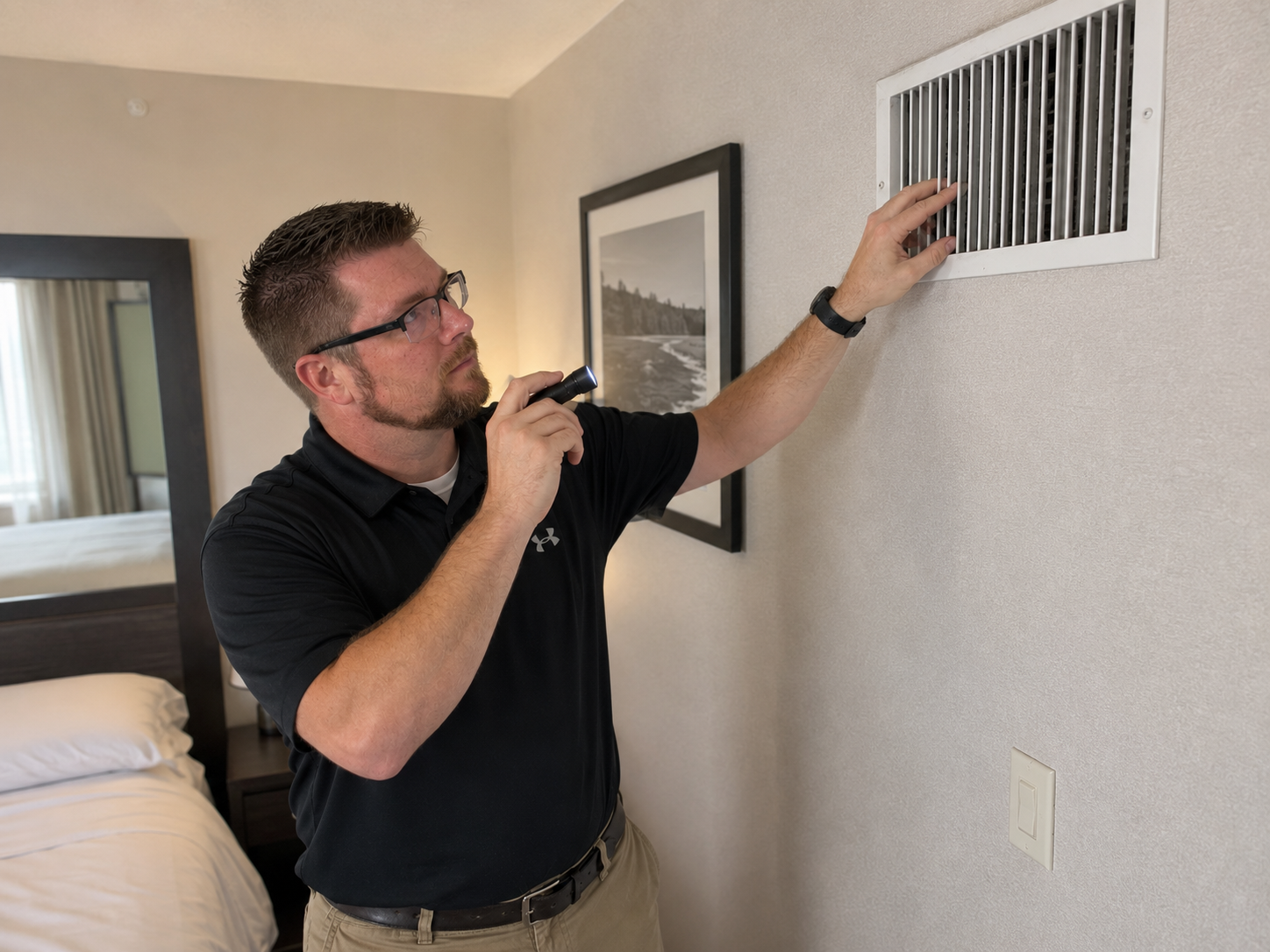 A man inspecting an air vent on a wall in a hotel room with a flashlight.