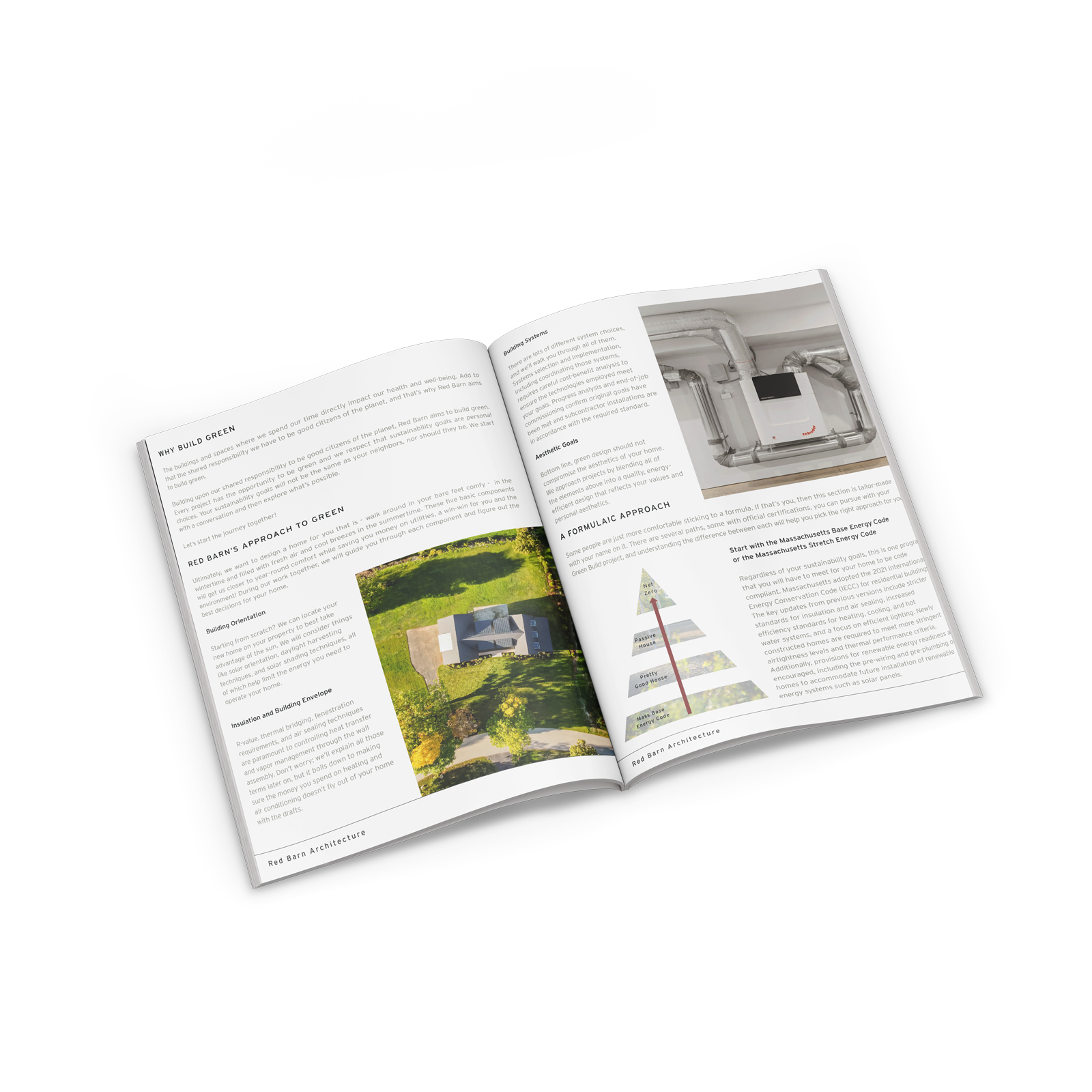 Open magazine displaying pages about building green homes, including text, images of a house surrounded by trees, and an illustration of a heating system diagram.