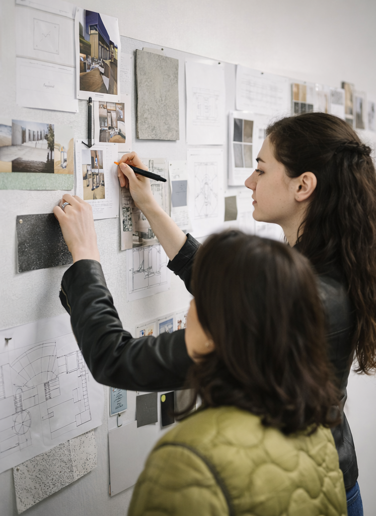 Two women in a workspace pinning and examining design and architectural plans and photographs on a whiteboard.