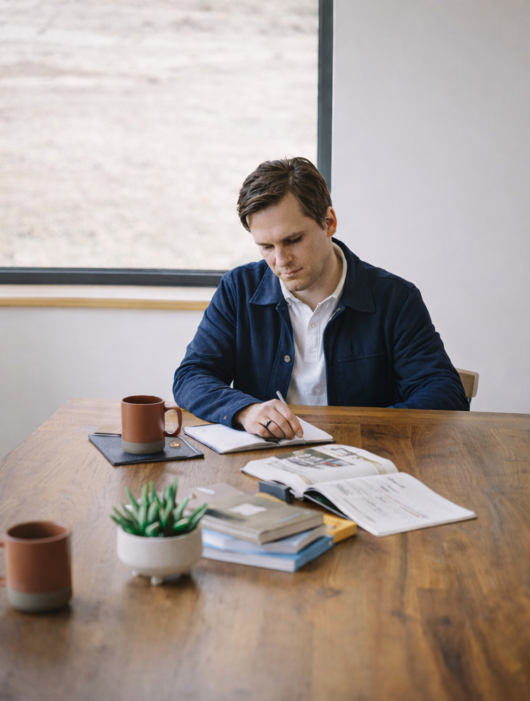 A young man sitting at a wooden table, writing in a notebook with books, notebooks, and cups around him, near a window with an outdoor view.