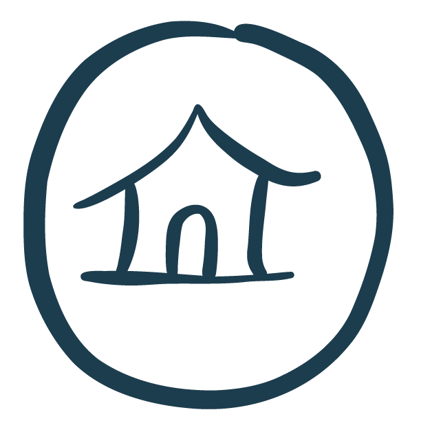 Line drawing of a tent inside a circle.