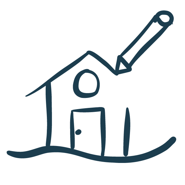 A simple drawing of a house with a pitched roof, a door, and a window, with a pencil sketching the roof.