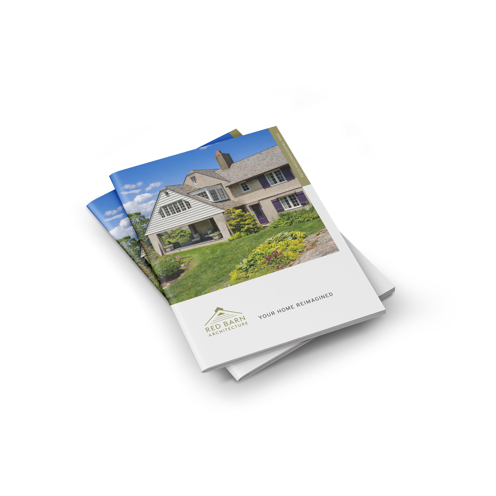 Brochure featuring a house with a well-maintained lawn and shrubs, with the logo 'Red Barn Architecture' and the phrase 'Your Home Reimagined'.