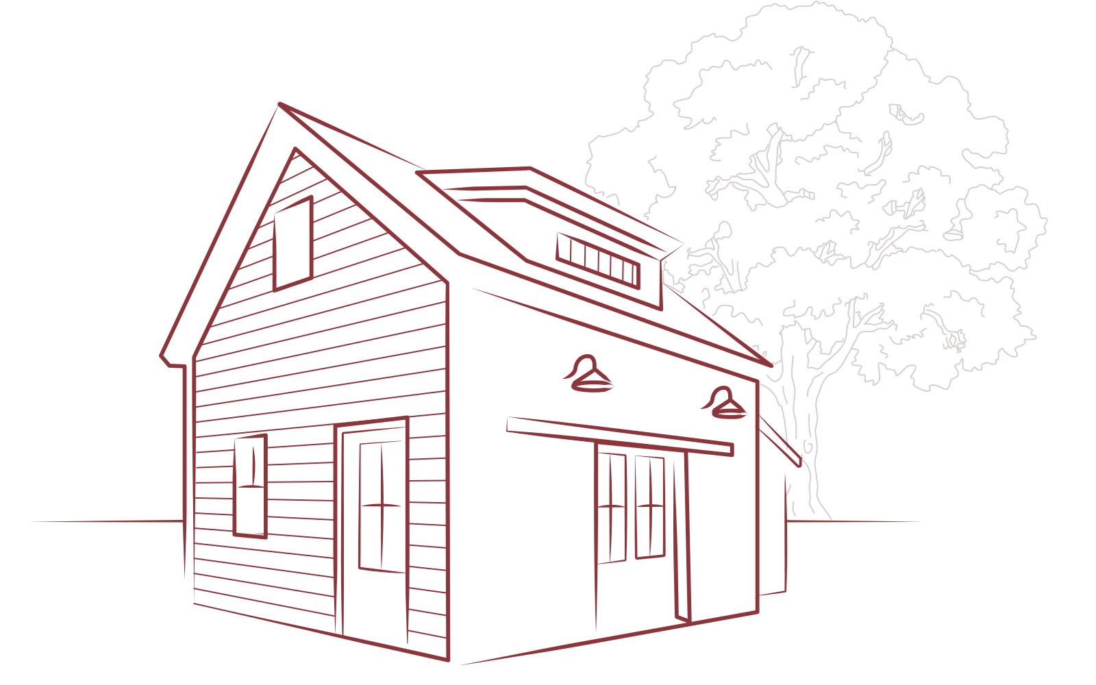 A minimalist line drawing of a house with a tall roof, multiple windows, and an attached smaller building. There's a tree with a full canopy to the right of the house, all depicted with thin lines in a dark color on a black background.
