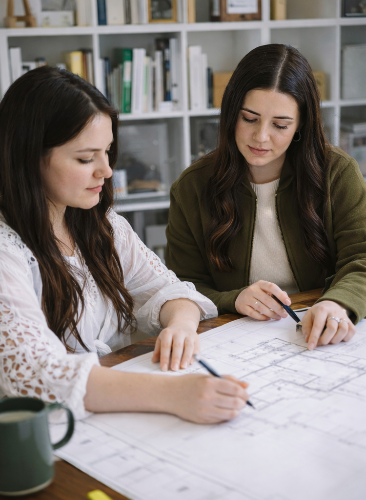 Two women working on architectural plans or blueprints at a table in an office or studio setting.