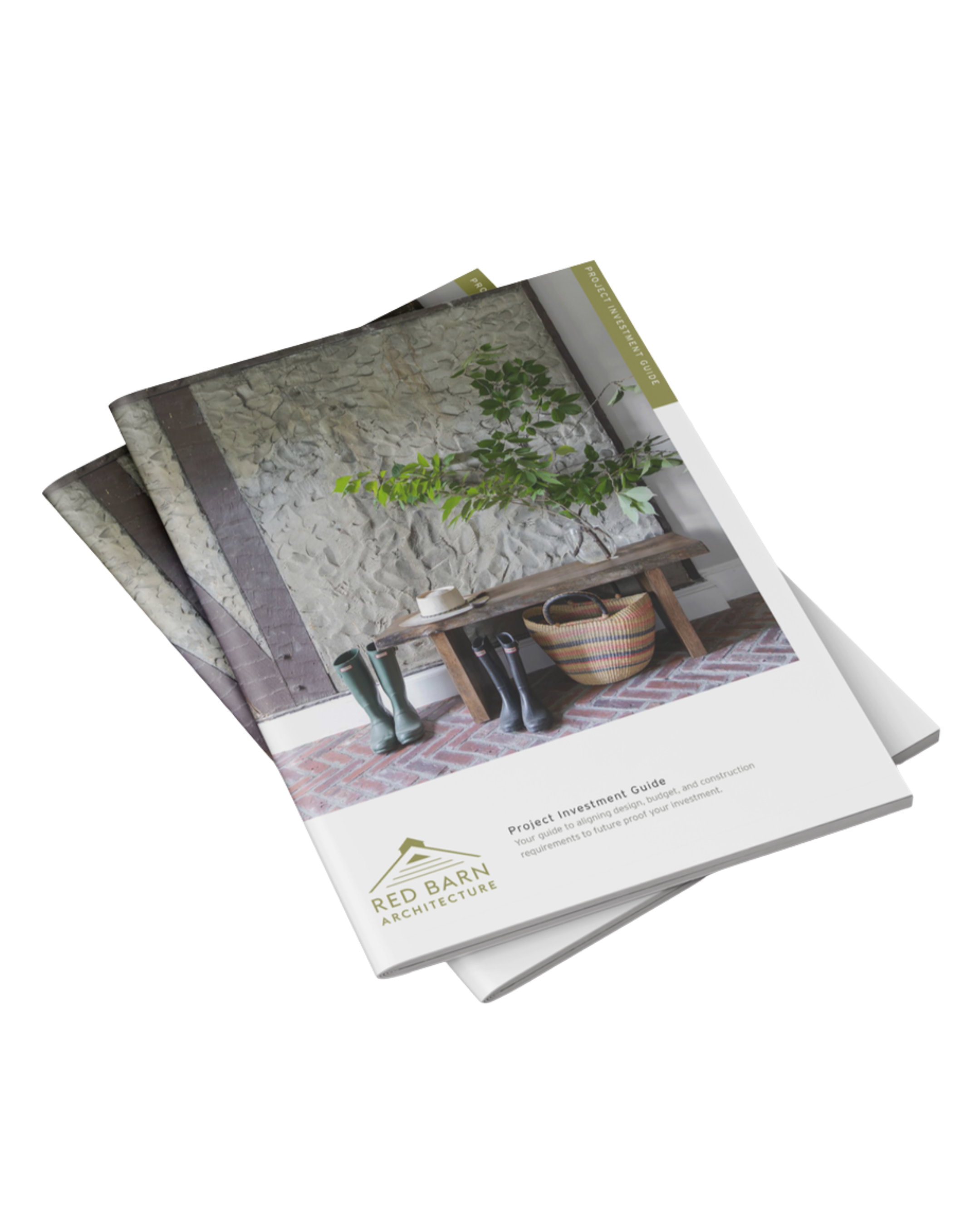Booklet titled “Project Investment Guide” featuring a photograph of a thoughtfully designed interior entry with rustic materials and architectural detailing.