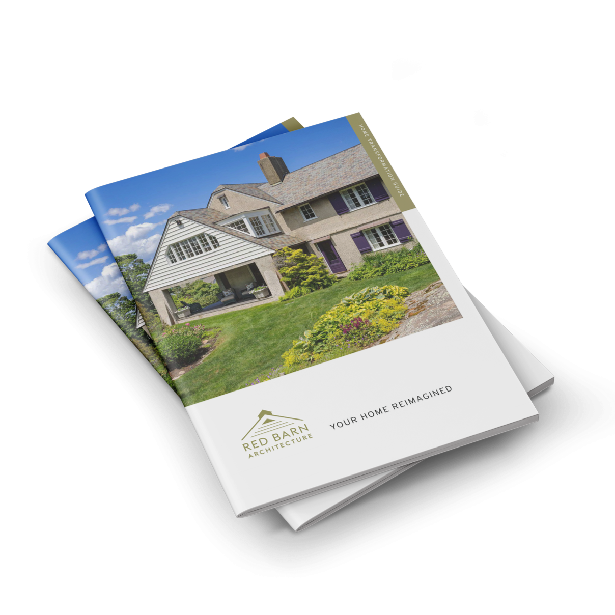 A brochure featuring a modern house with a well-manicured lawn and garden, with the title "Your Home Reimagined" by Red Barn Architecture.