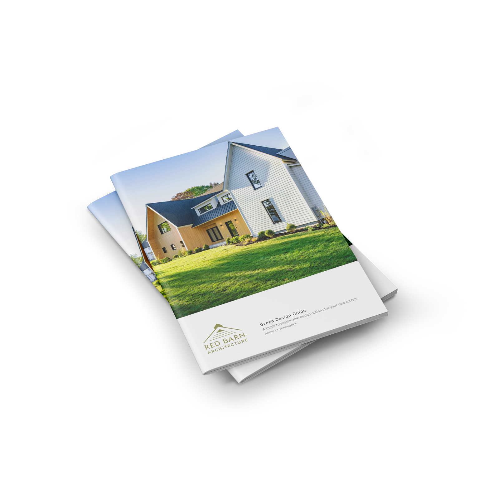 A brochure featuring a modern house with a well-maintained lawn. It is titled 'Green Design Guide' and is from Red Barn Architecture.