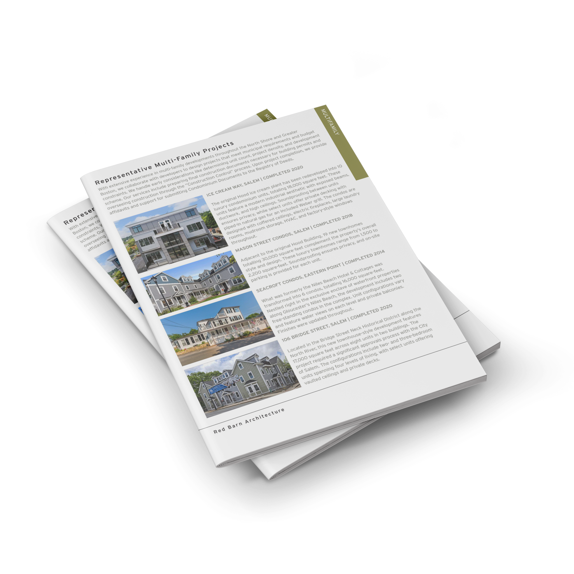 Two stacked printed sheets of real estate project descriptions with photos of residential buildings, placed against a white background. The top sheet features a white and gray modern townhouse, another shows a multi-story apartment complex, a third depicts a row of townhomes, and the bottom displays a large Victorian-style house.