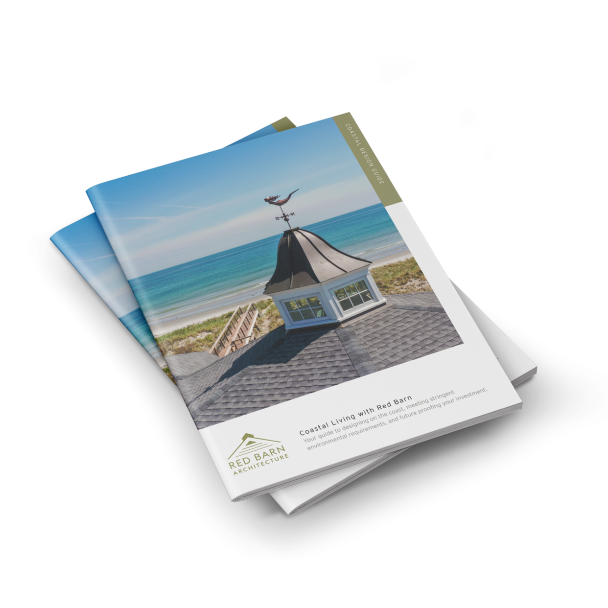 A brochure titled 'Coastal Living with Red Barn,' featuring a house with a gray roof, a weather vane with a cormorant, and ocean view in the background.
